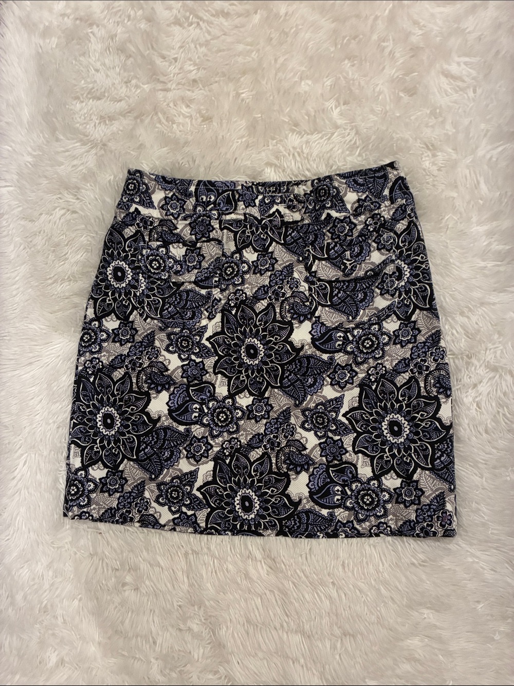 LOFT Navy, White and Black Floral Mini Skirt